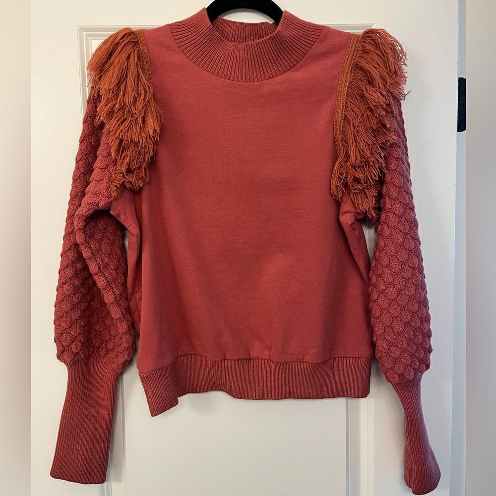 ANTHROPOLOGIE DOLAN Fringed Sweater Cocoa Red Brown Women’s Size Small - Picture 5 of 8